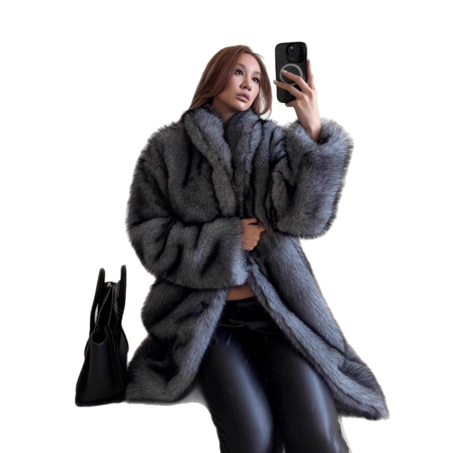 European and American Faux Fur Trench Coat - Elongated Style