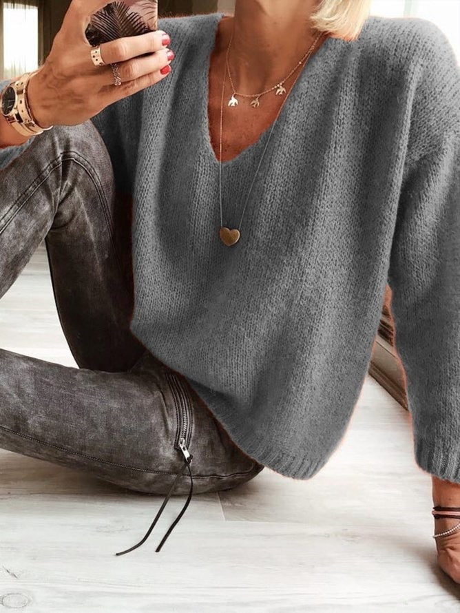 Womens Relaxed-fit Casual V-neck Drop-shoulder Sweater
