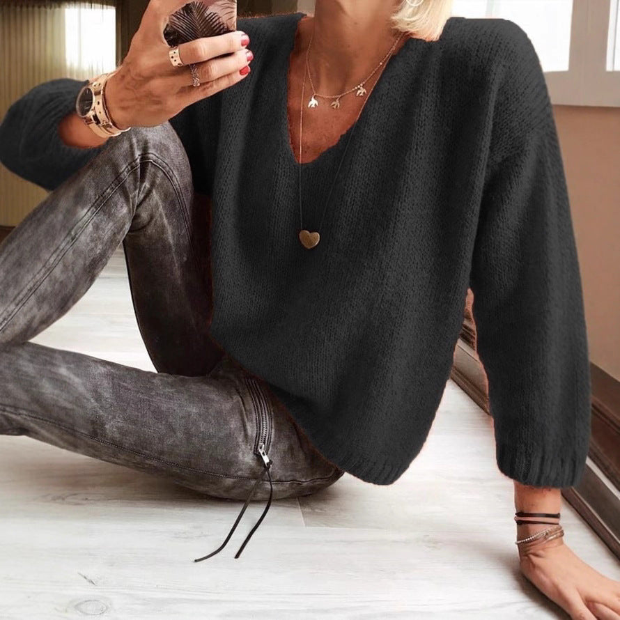Womens Relaxed-fit Casual V-neck Drop-shoulder Sweater