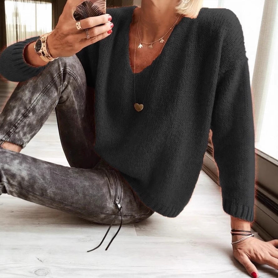 Womens Relaxed-fit Casual V-neck Drop-shoulder Sweater