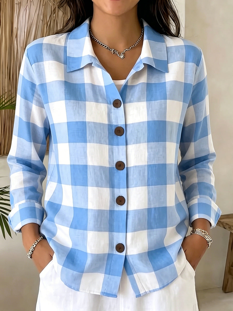 Comfortable Buttoned Plaid Womens Long-Sleeve Shirt