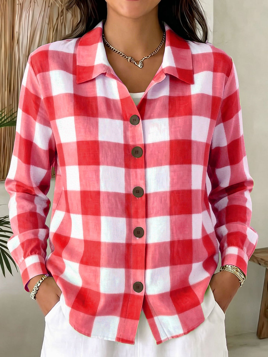 Comfortable Buttoned Plaid Womens Long-Sleeve Shirt