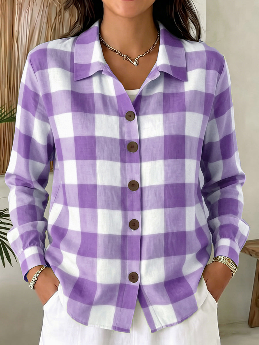 Comfortable Buttoned Plaid Womens Long-Sleeve Shirt