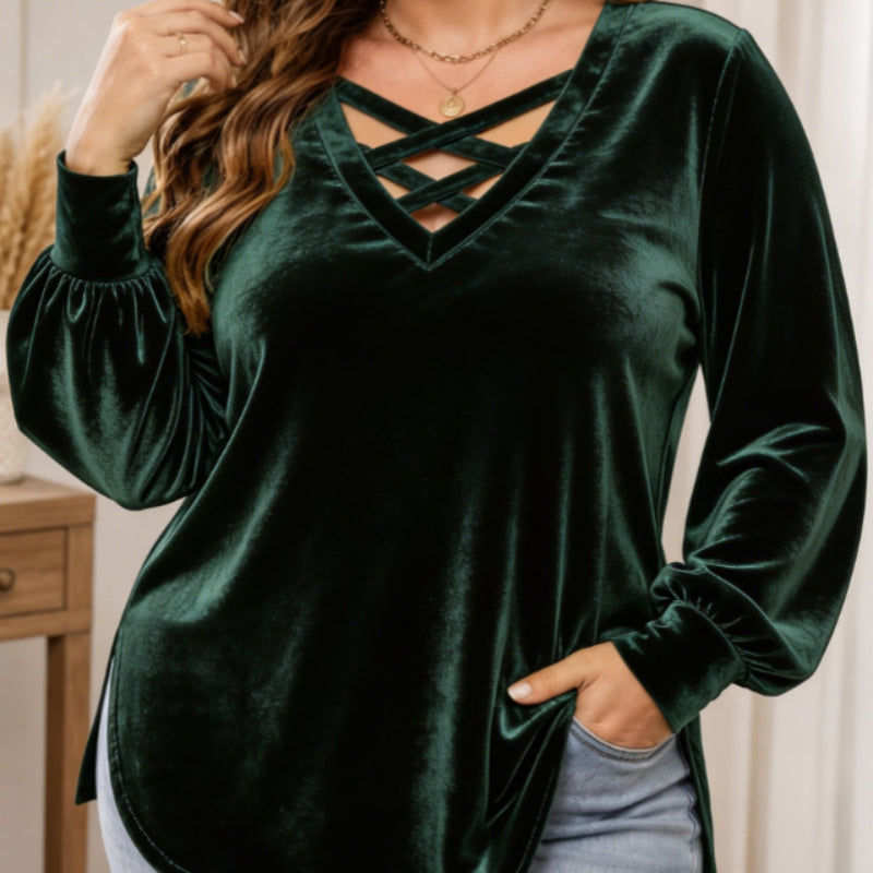Solid-color Scoop-neck Long-sleeved Velvet Top - Trendy Tank Top