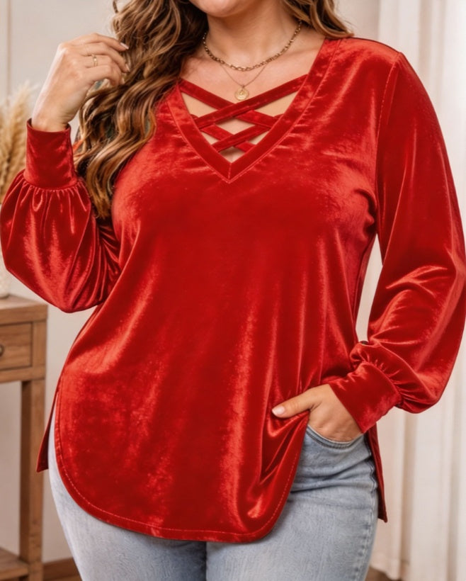 Solid-color Scoop-neck Long-sleeved Velvet Top - Trendy Tank Top