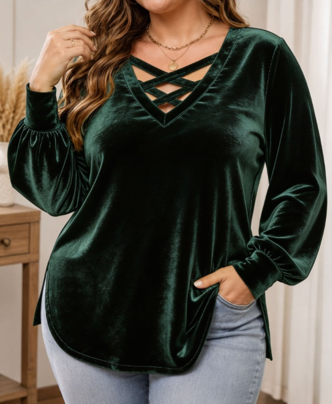 Solid-color Scoop-neck Long-sleeved Velvet Top - Trendy Tank Top