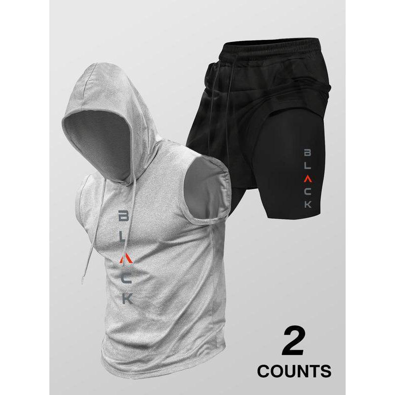 Running Fitness Printed Hooded Sleeveless Tank Top Set