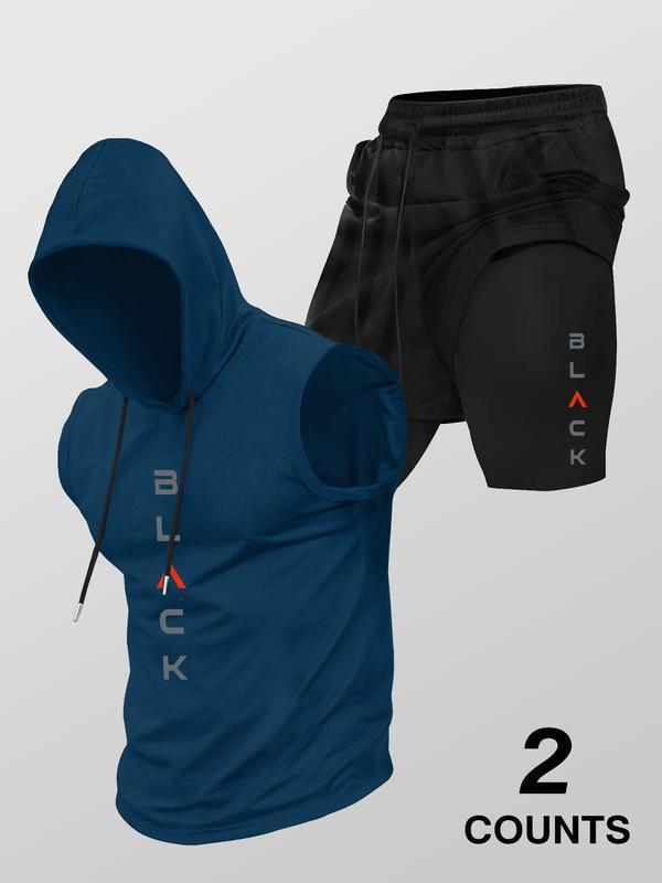 Running Fitness Printed Hooded Sleeveless Tank Top Set