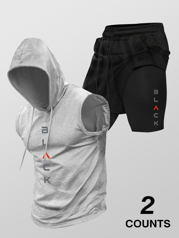Running Fitness Printed Hooded Sleeveless Tank Top Set