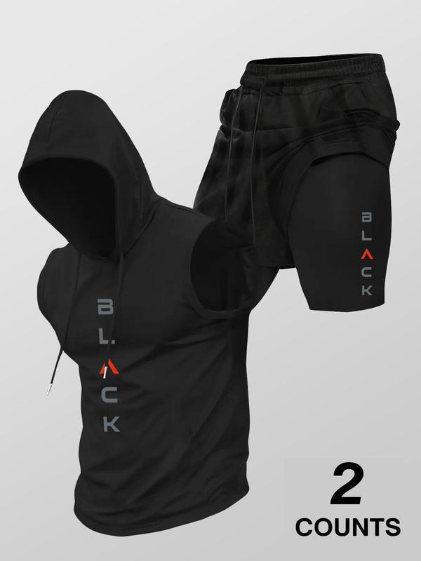 Running Fitness Printed Hooded Sleeveless Tank Top Set