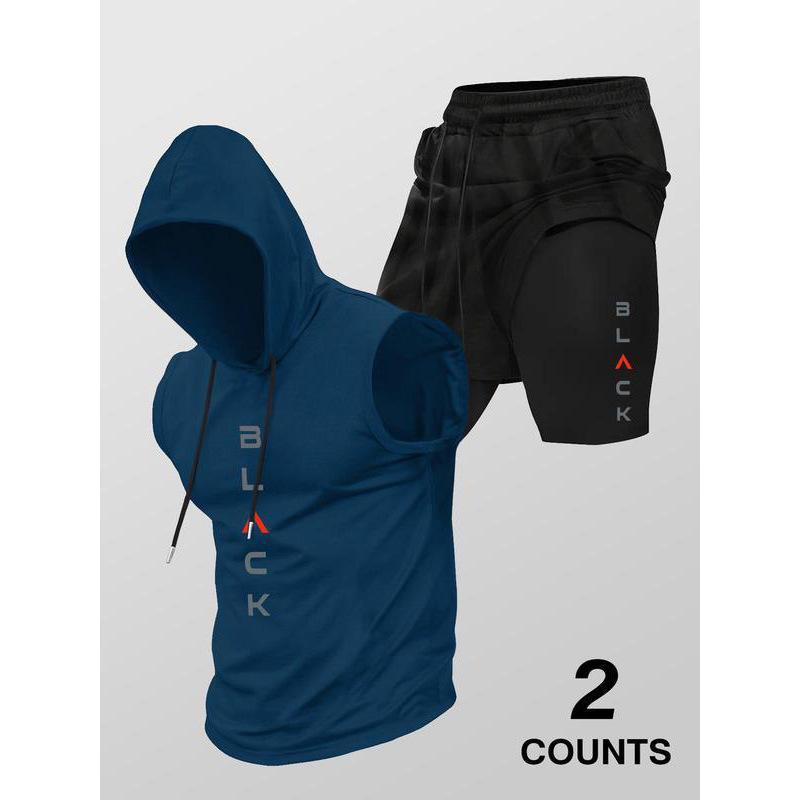 Running Fitness Printed Hooded Sleeveless Tank Top Set