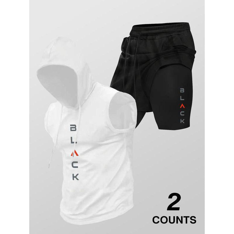 Running Fitness Printed Hooded Sleeveless Tank Top Set