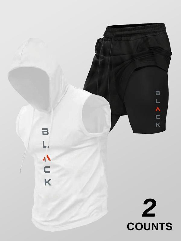 Running Fitness Printed Hooded Sleeveless Tank Top Set