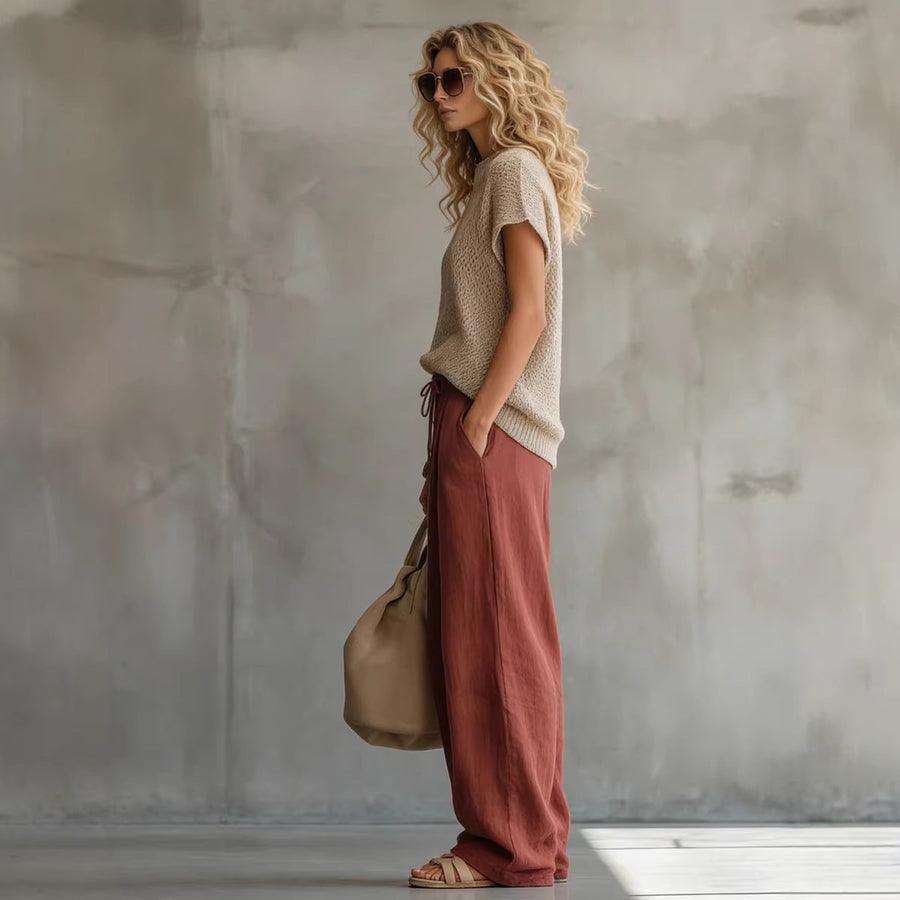 Womens Retro Short-sleeve Knit Top And Brick-red Suit