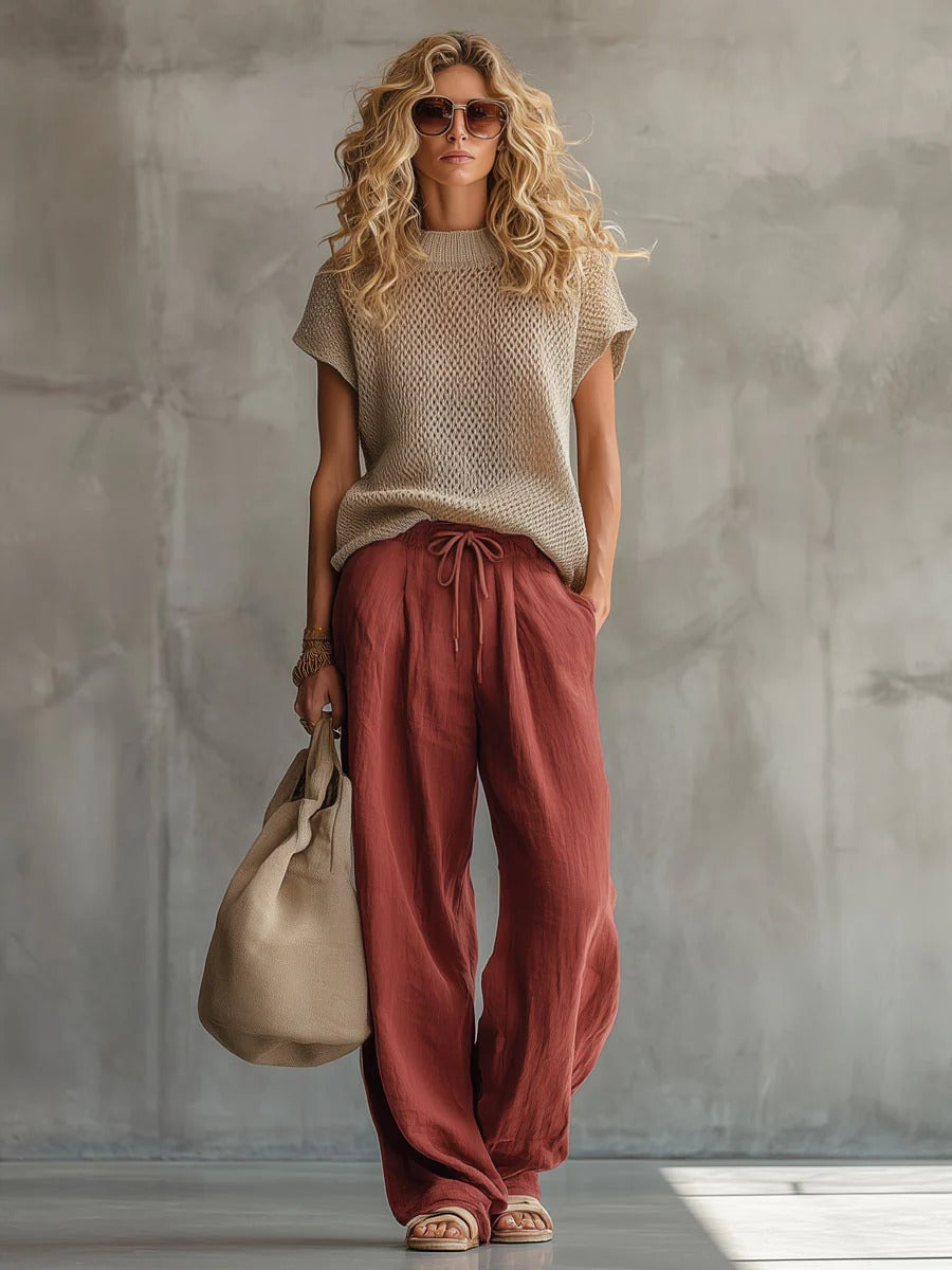 Womens Retro Short-sleeve Knit Top And Brick-red Suit