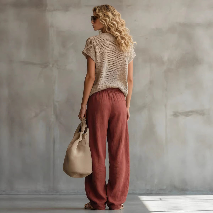 Womens Retro Short-sleeve Knit Top And Brick-red Suit