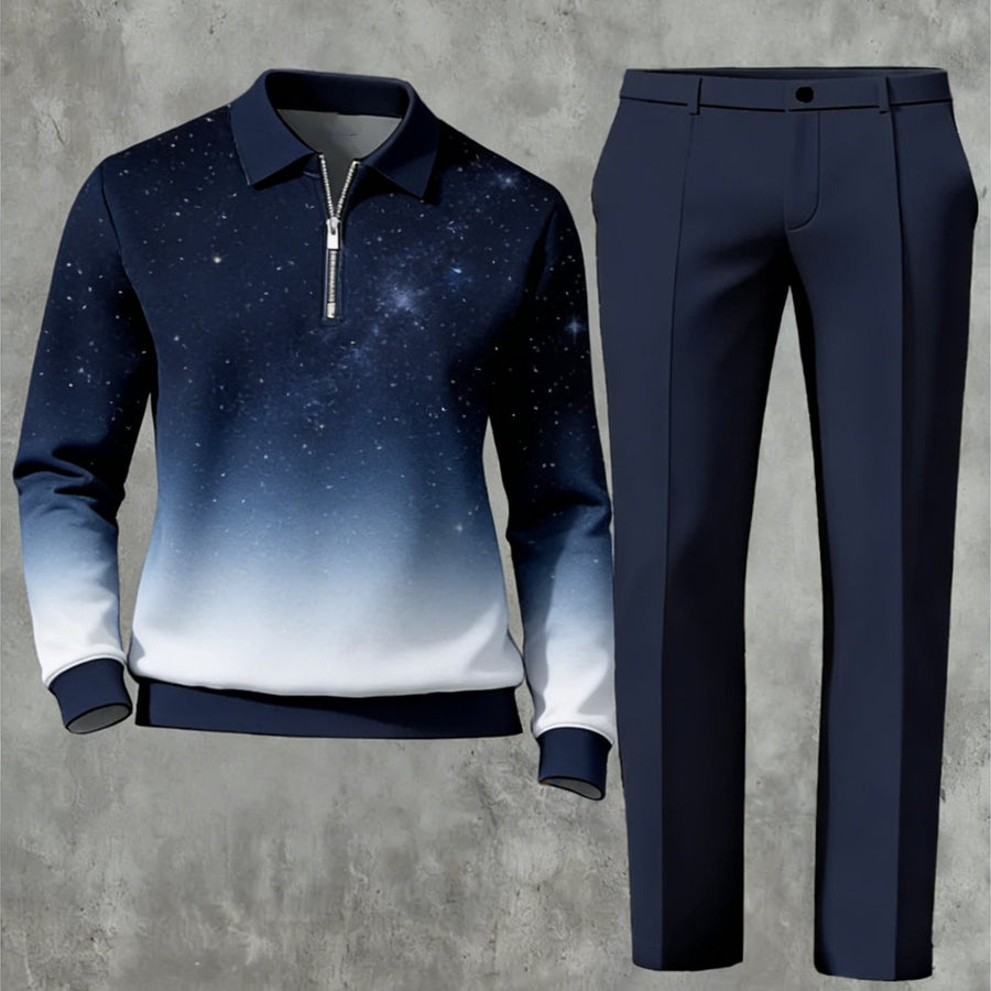 Printed Stand-Neck Zipper Casual Jacket And Pants Set