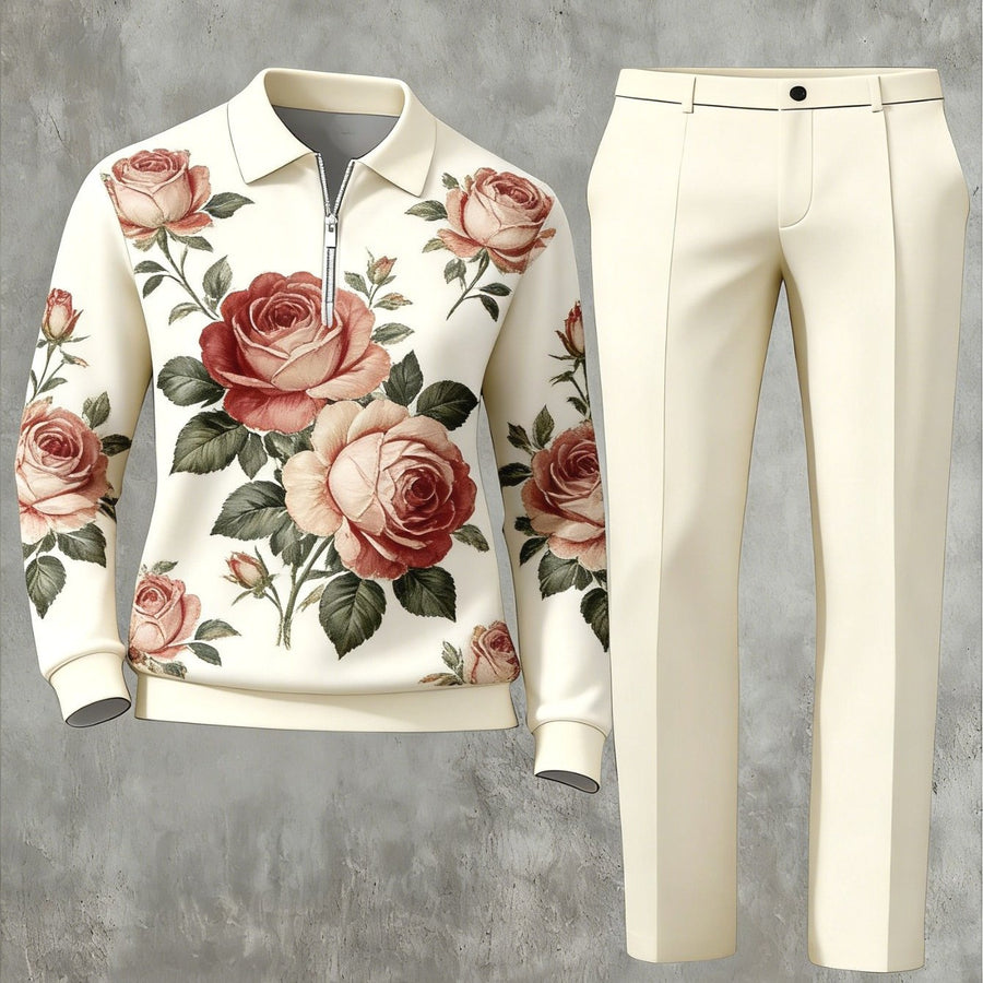 Printed Stand-Neck Zipper Casual Jacket And Pants Set
