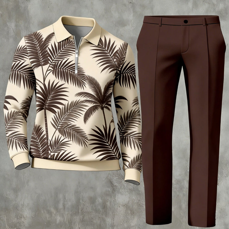 Printed Stand-Neck Zipper Casual Jacket And Pants Set