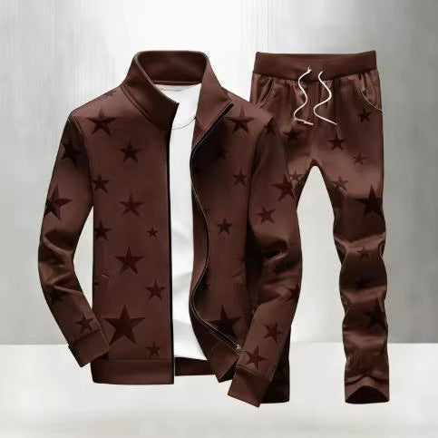 Printed Stand-Neck Zipper Casual Jacket And Pants Set