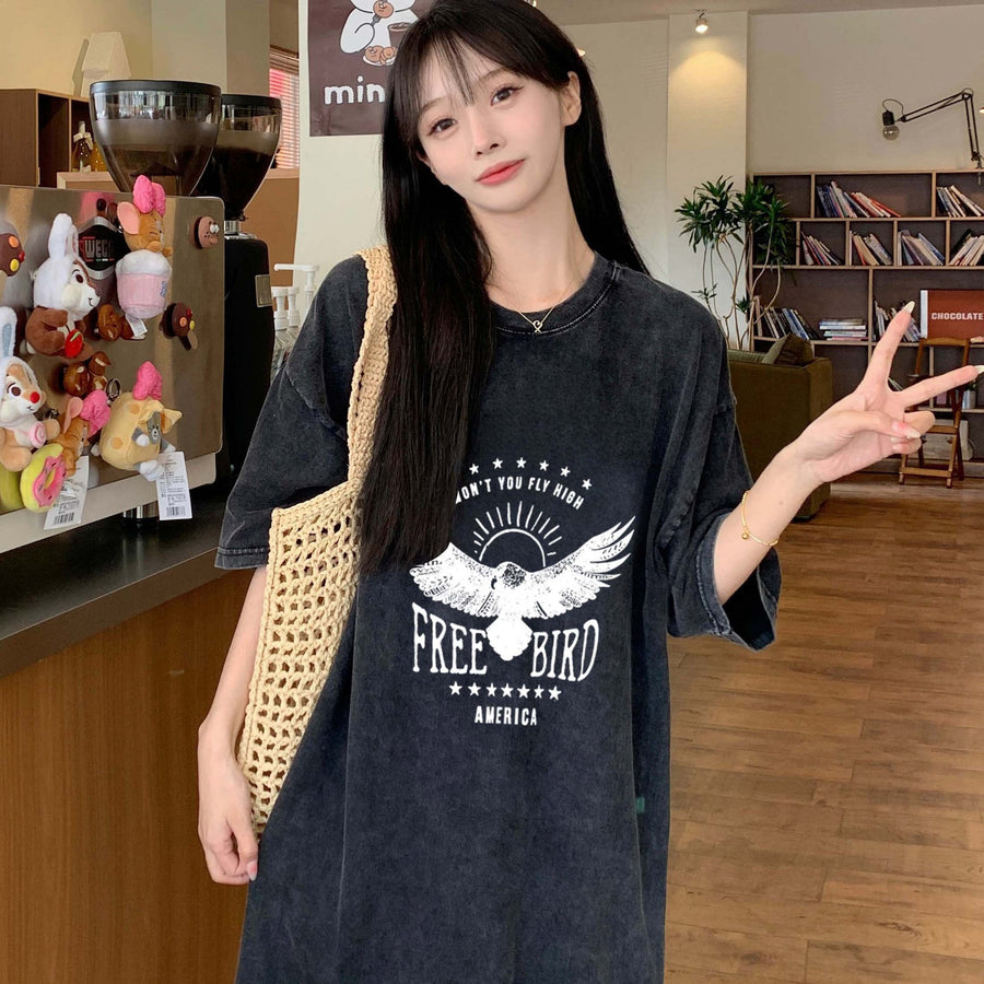 New Washed Vintage Crew-Neck T-Shirt Dress for Women