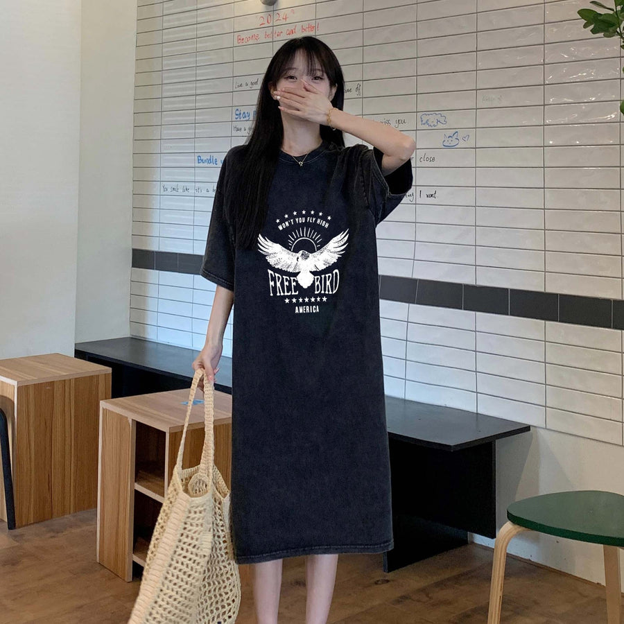 New Washed Vintage Crew-Neck T-Shirt Dress for Women