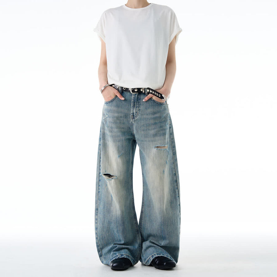 American-style Vintage Distressed Ripped Bootcut Jeans