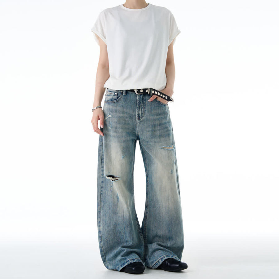 American-style Vintage Distressed Ripped Bootcut Jeans