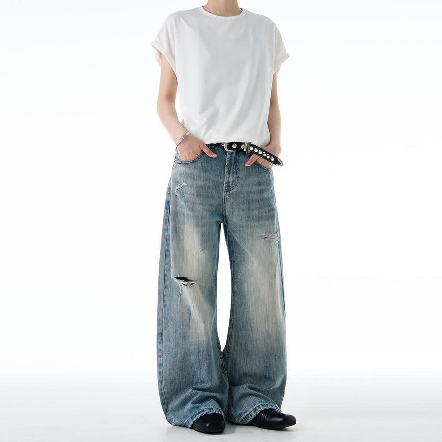 American-style Vintage Distressed Ripped Bootcut Jeans
