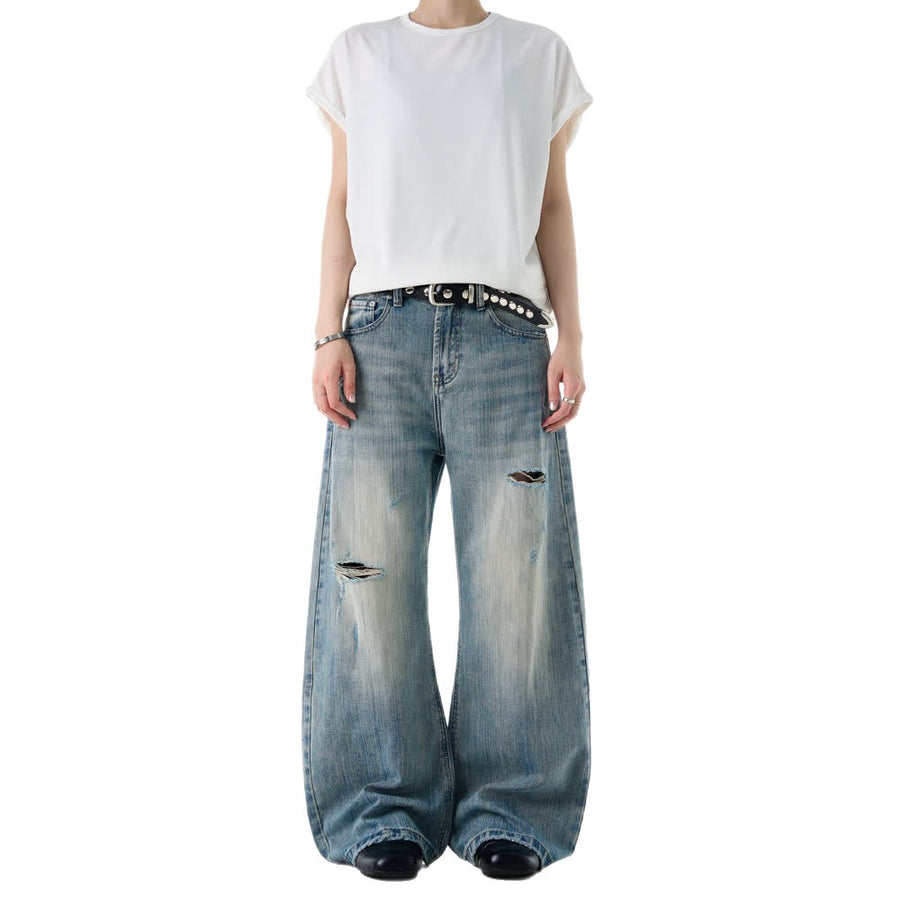 American-style Vintage Distressed Ripped Bootcut Jeans