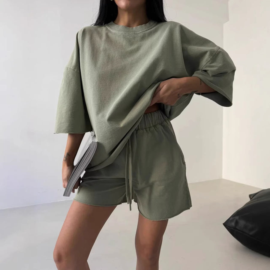 Solid-color Relaxed-fit Sporty Chic Casual Sweatshirt Set