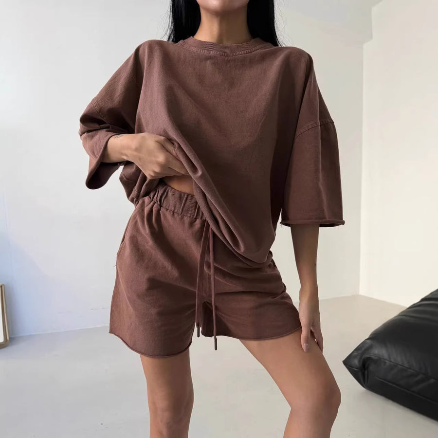 Solid-color Relaxed-fit Sporty Chic Casual Sweatshirt Set