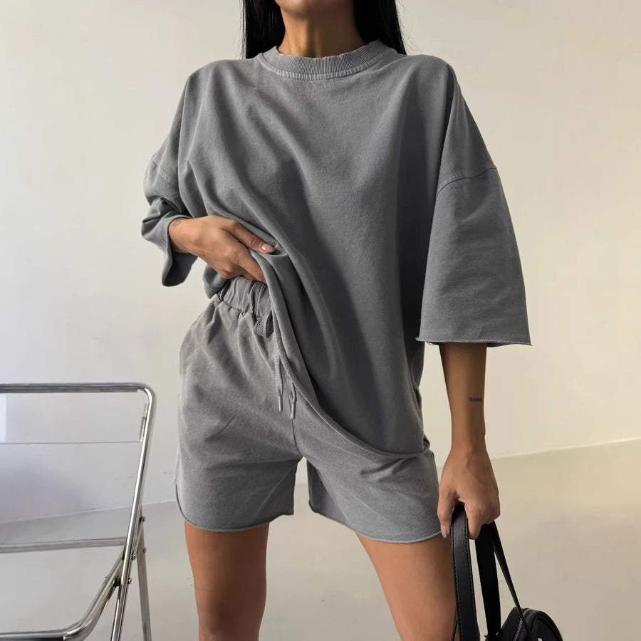 Solid-color Relaxed-fit Sporty Chic Casual Sweatshirt Set