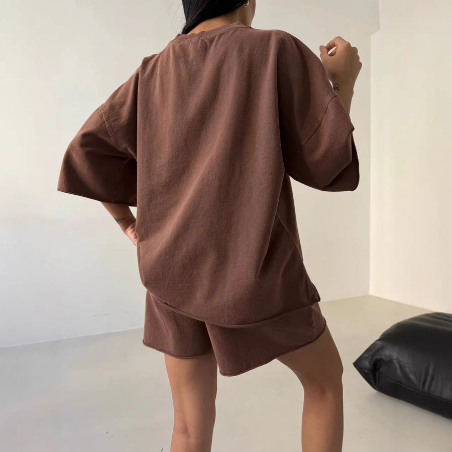 Solid-color Relaxed-fit Sporty Chic Casual Sweatshirt Set