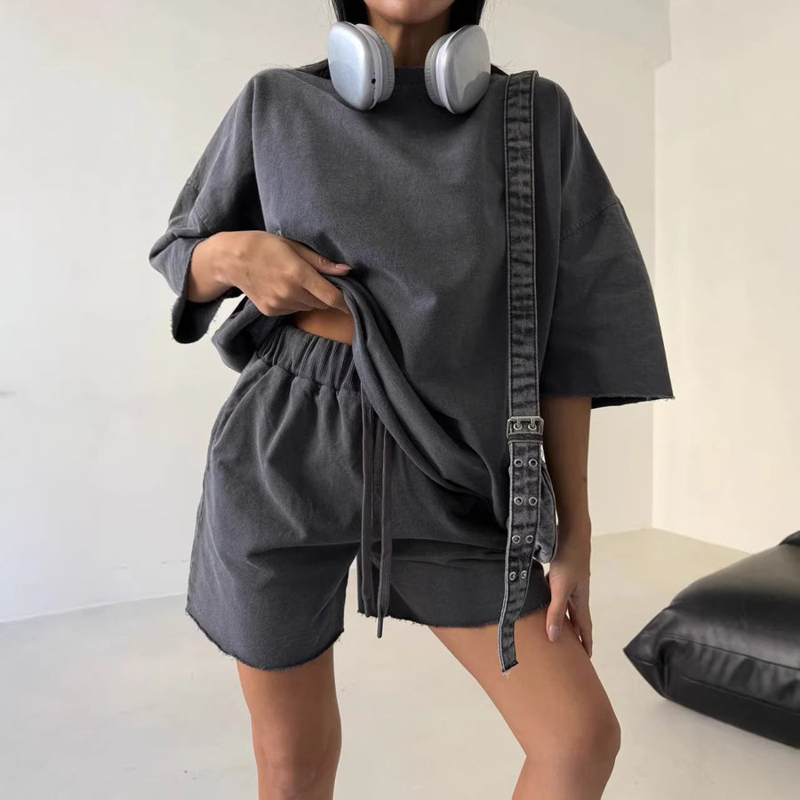 Solid-color Relaxed-fit Sporty Chic Casual Sweatshirt Set