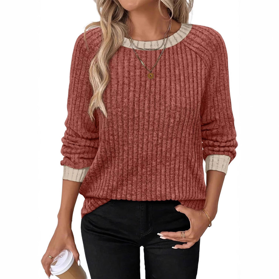 Color Matching Casual Round Neck Pullover Long Sleeve Top