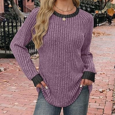 Color Matching Casual Round Neck Pullover Long Sleeve Top