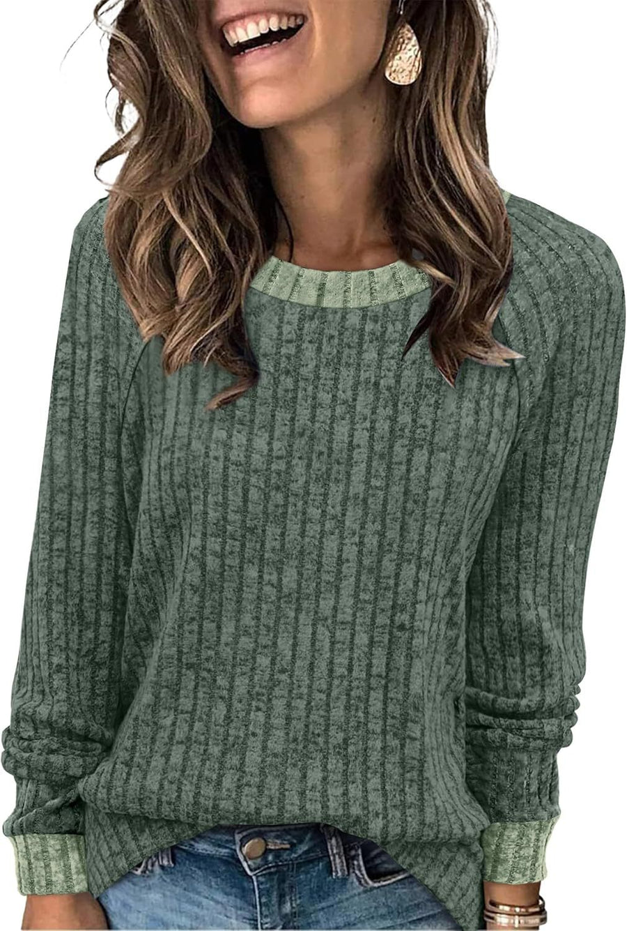 Color Matching Casual Round Neck Pullover Long Sleeve Top
