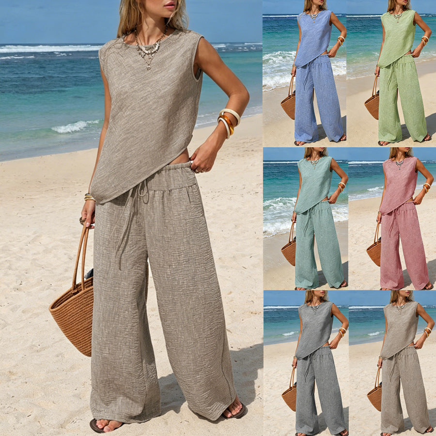 Womens Two-Piece Lounge Set: Asymmetrical Vest & Wide-Leg Pants