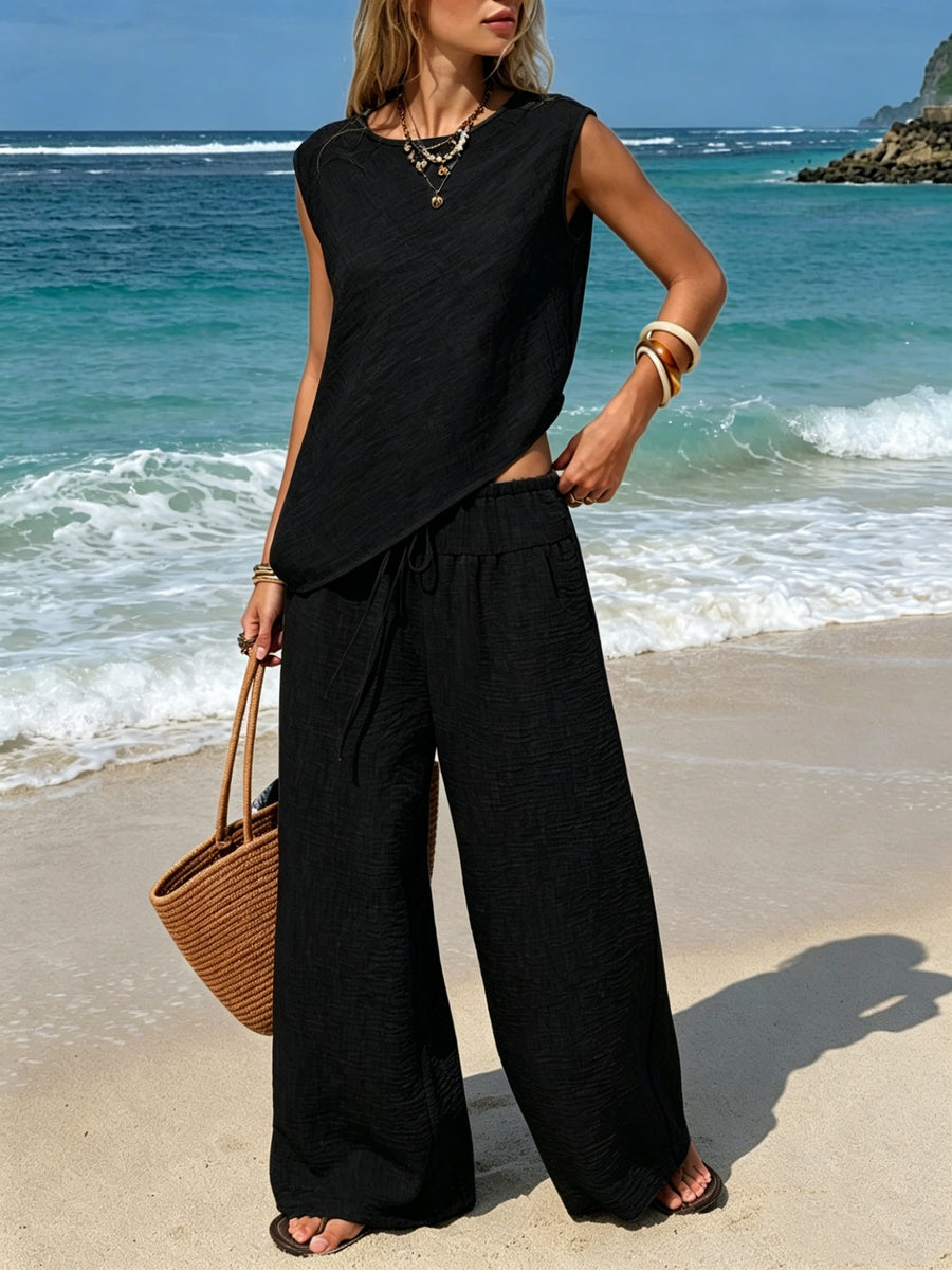 Womens Two-Piece Lounge Set: Asymmetrical Vest & Wide-Leg Pants