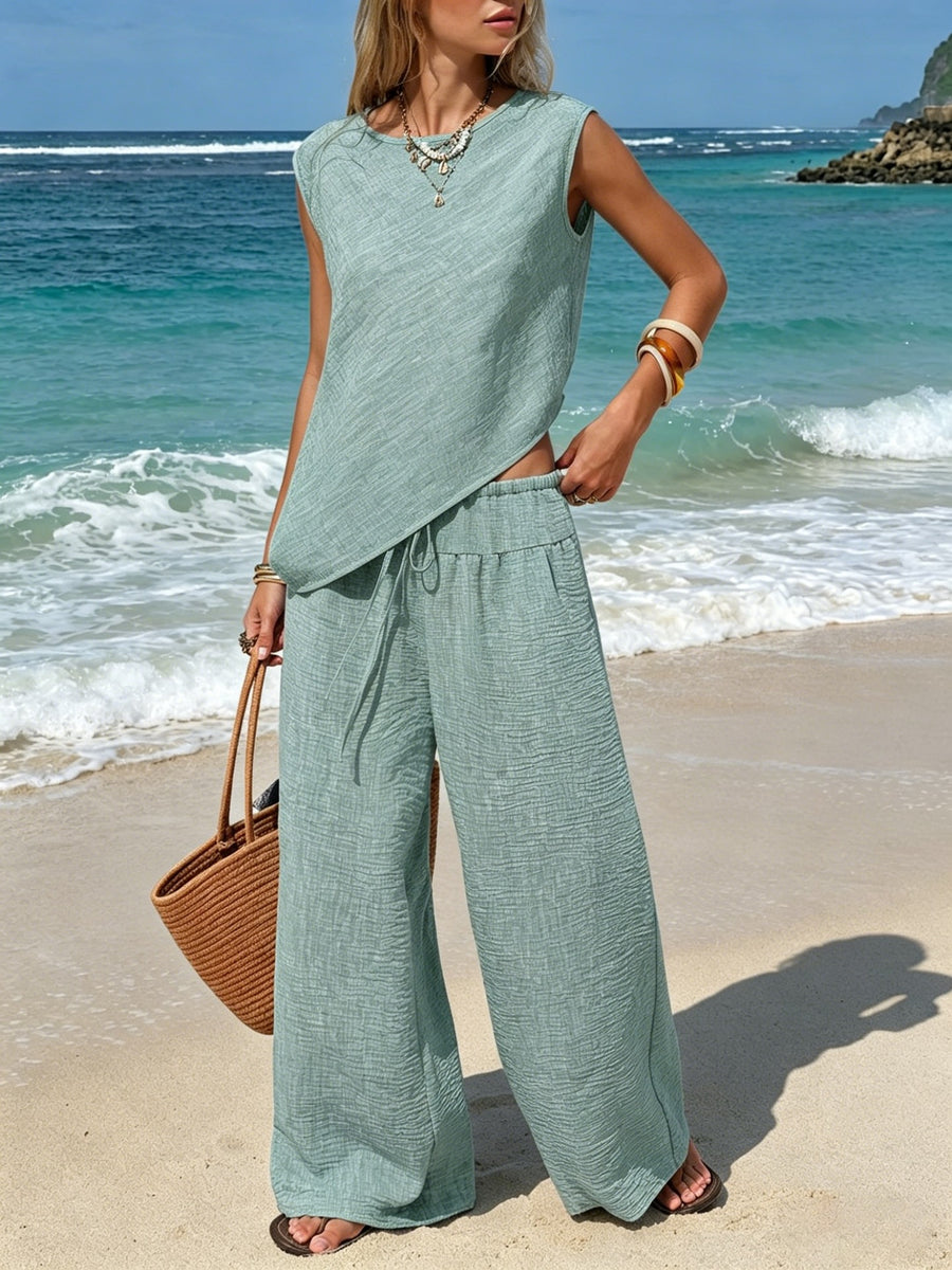Womens Two-Piece Lounge Set: Asymmetrical Vest & Wide-Leg Pants