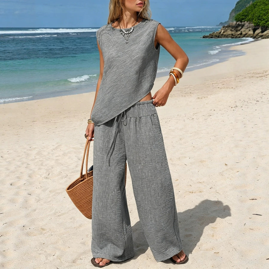 Womens Two-Piece Lounge Set: Asymmetrical Vest & Wide-Leg Pants
