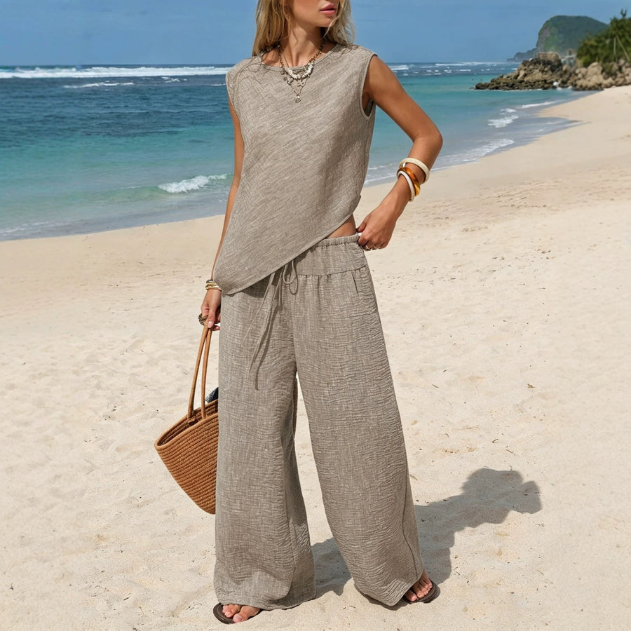 Womens Two-Piece Lounge Set: Asymmetrical Vest & Wide-Leg Pants