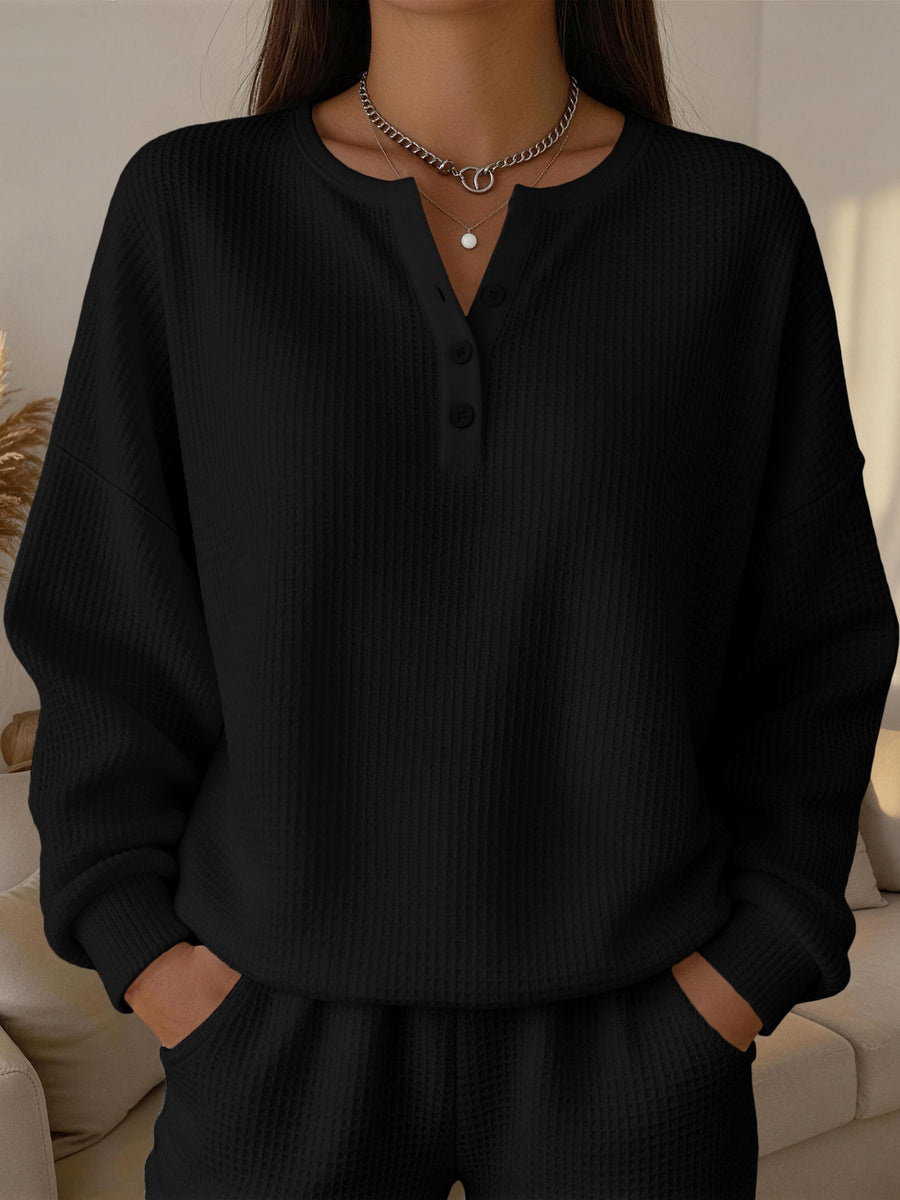 Fashionable Women's Waffle-Knit Solid-Color Pullover Top