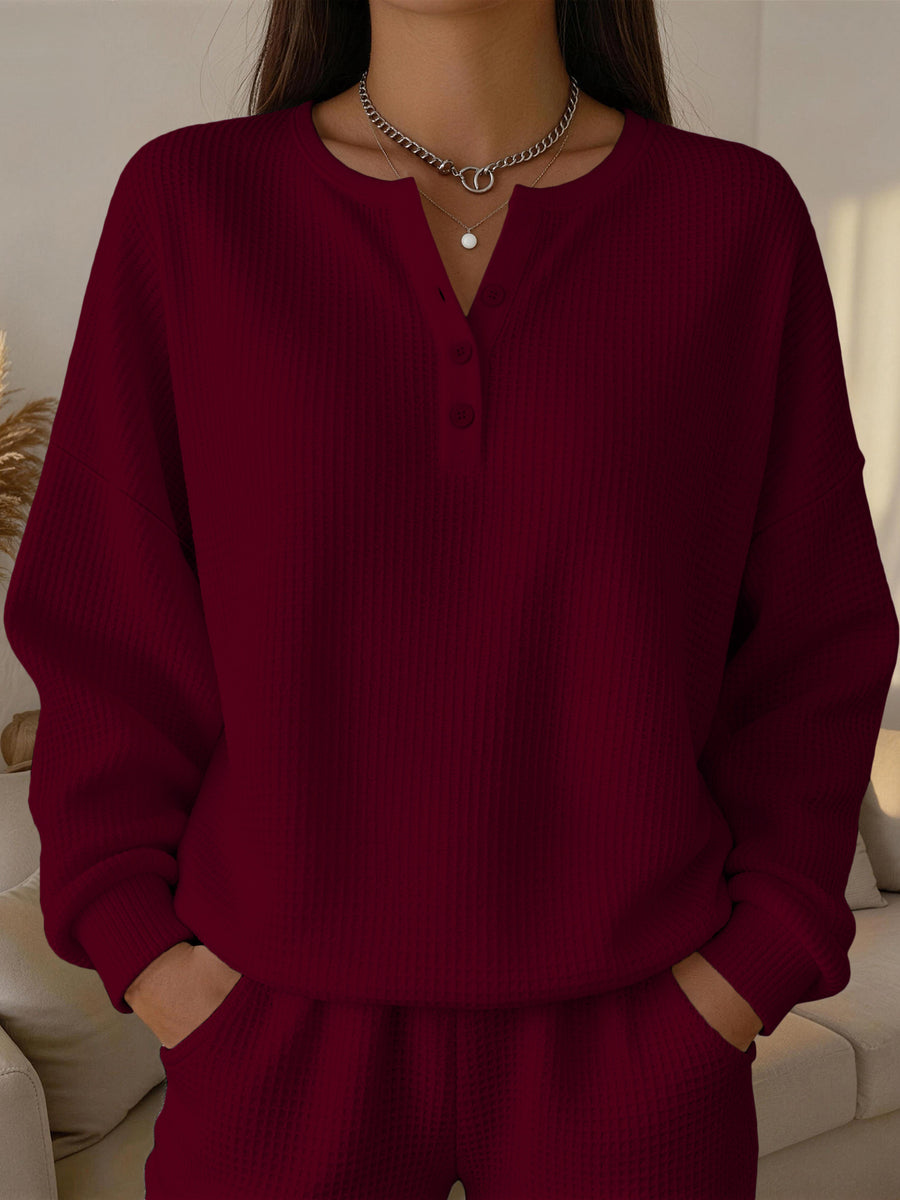 Fashionable Women's Waffle-Knit Solid-Color Pullover Top