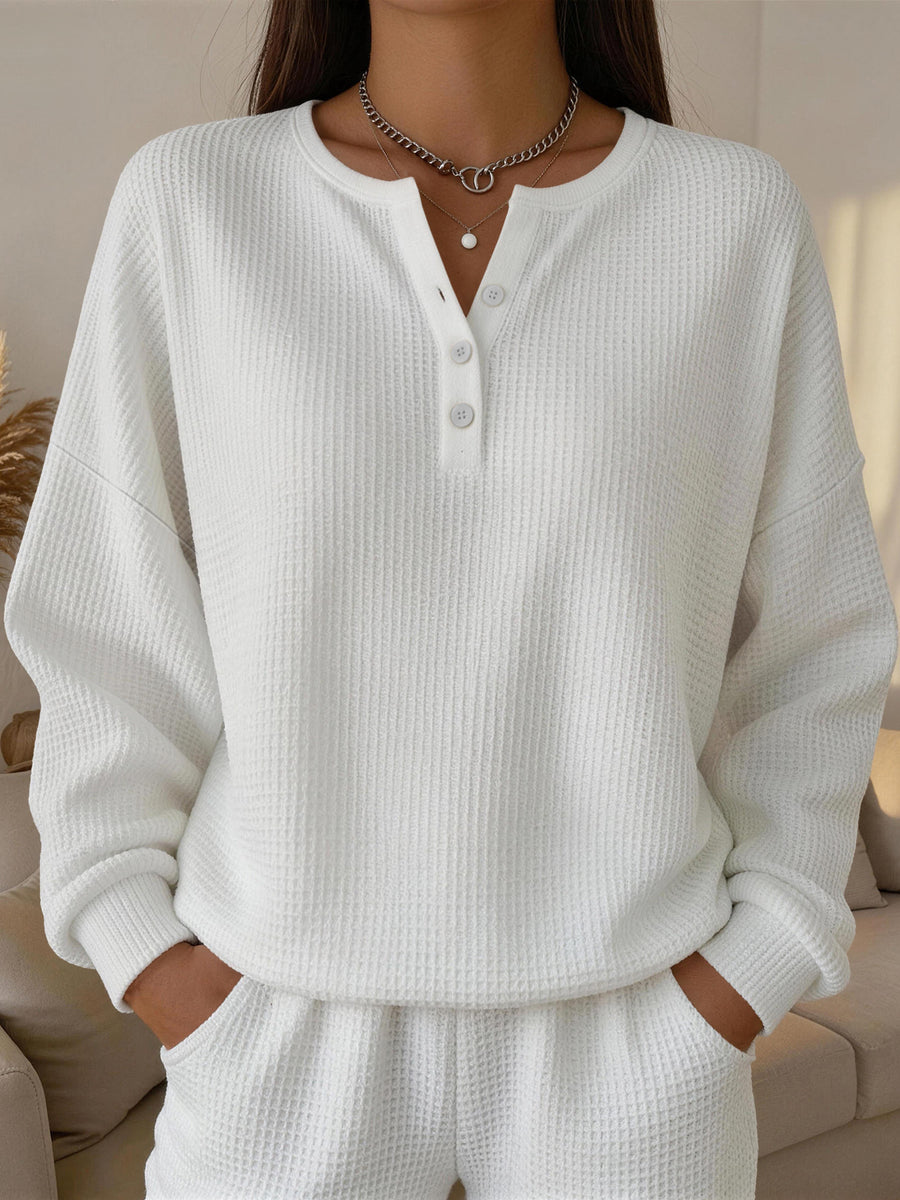 Fashionable Women's Waffle-Knit Solid-Color Pullover Top