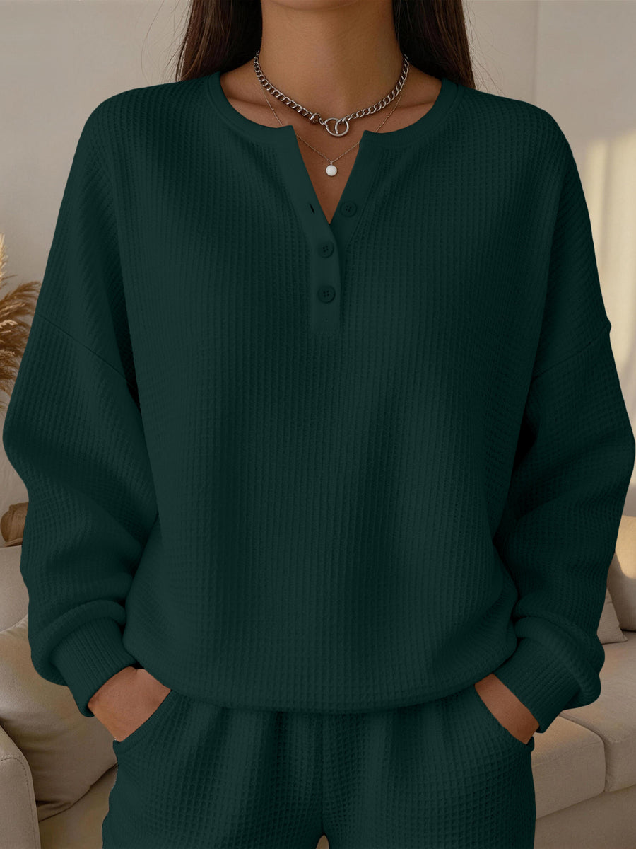 Fashionable Women's Waffle-Knit Solid-Color Pullover Top