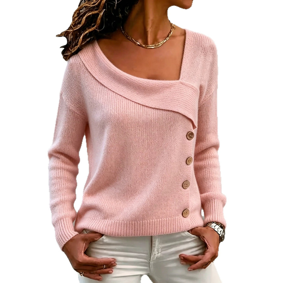 Womens Knitted Sweater With Asymmetric Buttons - Trendy Sweater Dress