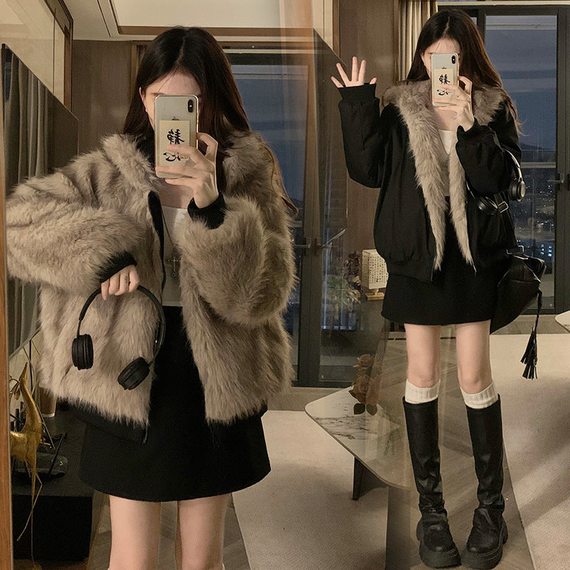 American-style Retro Shearling-lined Hooded Utility Short Jacket