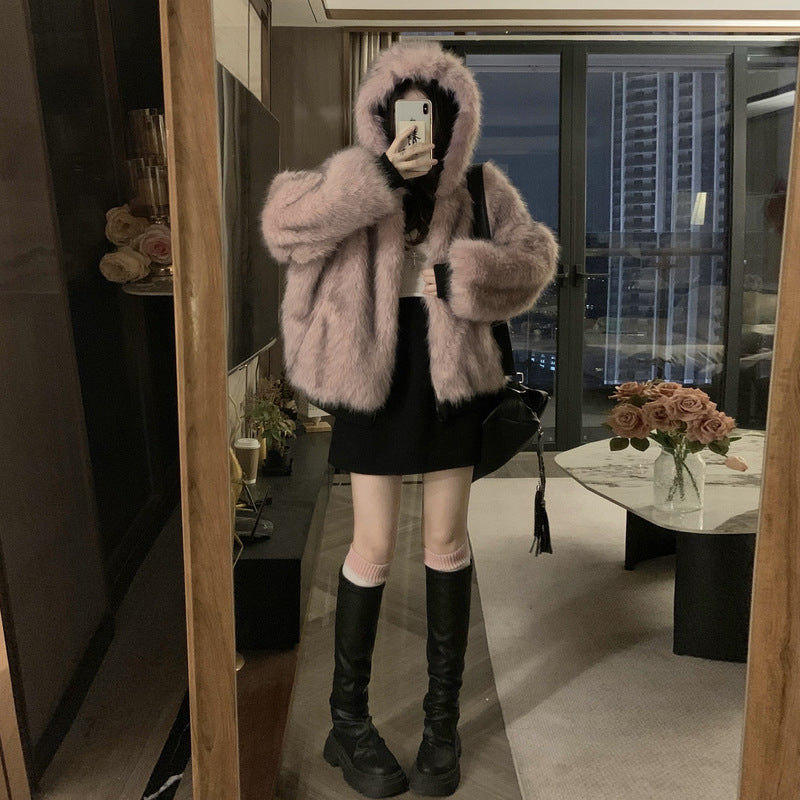American-style Retro Shearling-lined Hooded Utility Short Jacket
